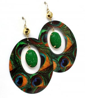 Green Earring Fish Hook Hoop Metal Casting Peacock Pierced Dangle 3 1 2 Inch Drop 1965-99441GDGRN