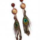 Red Earring Linear Drop Peacock Feather Leaves Tassel Pierced 6 Inch Drop 1965-99433CORED