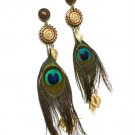 Brown Earring Linear Drop Peacock Feather Leaves Tassel Pierced 6 Inch Drop 1965-99433BOBRO