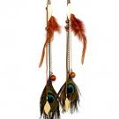 Brown Earring Oversized Linear Drop Feather Peacock Wood Bead Faux Leather Mix Chain 1965-99281THBRO