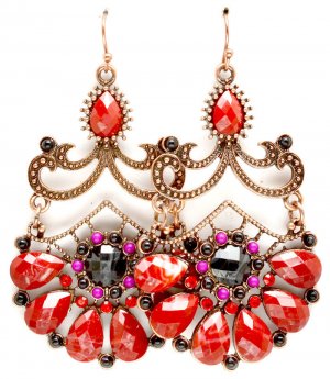 Red Earring Fish Hook Formica Crystal Studs Tear Drop Filigree Beads 2 Inch Drop 1965-99255CORED