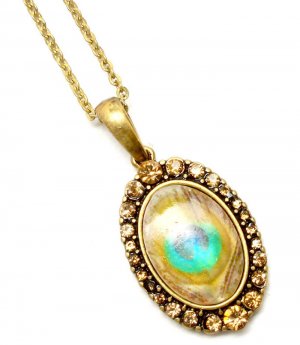 Brown Necklace Pendant Painted Peacock Print Crystal Studs 1 Inch Pendant 18 Inch  12141430-143BOBRO