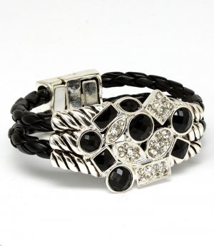 Black Bracelet Cord Crystal Studs Two Row Magnetic Braided Faceted Texture 1 1 2 I 210152-02191ASBLK