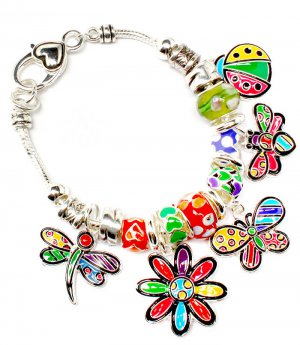 Multi Colored Bracelet Link Charm Dragon Fly Butterfly FlowerBeads Lady Bug 1 1 4  210152-02903ASMLT