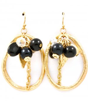 Black Earring Fish Hook Bead Metal Casting Leaf Acrylic Stones Matte Finish Tassel  28115-99118MGBLK