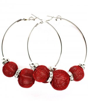 Red Earring Pin Catch Hoop Mesh Ball Rondelle Crystal Studs 2 3 4 Inch Drop / 53536-012RDRED