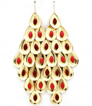 Red Earring Fish Hook Cascade Tear Drop Acrylic Stones Navette Cut 4 Inch Drop 32533-04784GDRED