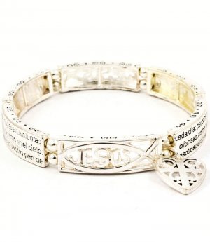Silver Colored Bracelet Stretch Religious Engraved Bead Metal Casting Heart Jesus Tex 4712-4345SVSIV
