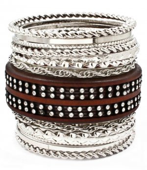 Brown Bracelet Bangle Stackable Crystal Studs Various Hoops Texture 3 Inch Width 116112-2046RDBRO