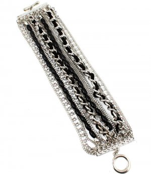 Black Bracelet Toggle Multi Strands Beads Cords Interlaced Crystal Studs Prong Set  116112-2509RDBLK
