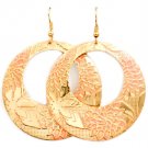 Peach Earring Fish Hook Metal Disc Flower Texture Pierce Painted 2 Inch Drop 11615-1033GDPEA