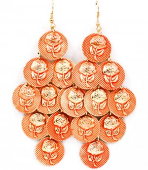 Orange Earring Fish Hook Cascade Discs Rose Pattern Texture 3 1 2 Inch Drop 11615-1078GDORG