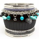 Black Bracelet Bangle Stackable Chunky Bead Natural Stone Fabric Texture 3 Inch Widt 11622-0490RDBLK