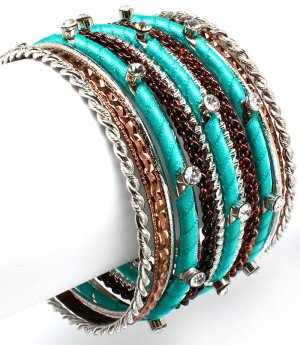 Turquoise Bracelet Bangle Stackable Crystal Studs Fabric Chain Twisted 2 Inch Width 11622-0568TTTUQ