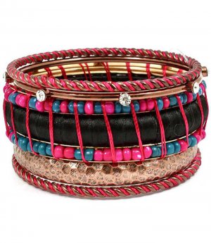 Fuschia Bracelet Bangle Stackable Crystal Studs Beads Fabric Thread Texture 1 3 4 In 11622-0884COFSH
