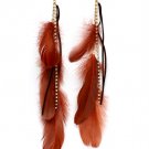 Brown Earring Linear Drop Fish Hook Feather Rhinestone Faux Leather Tassel 12 Inch D 11625-1071GDBRO
