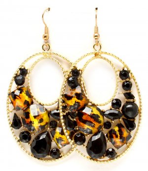 Animal Print Earring Fish Hook Glass Stone Formica Filigree Oval 2 Inch Drop 2 Inch  11675-1006AGAIB