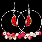 Pink Earring Fish Hook Beads Fruit Watermelon Crystal Studs Enamel 2 1 2 Inch Hoop 120205-99106RDPNK