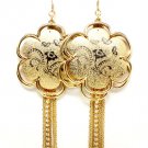 Gold Colored Earring Fish Hook Floral Oriental Flower Print Crystal Studs Tassel 4  120205-9922GDGOD