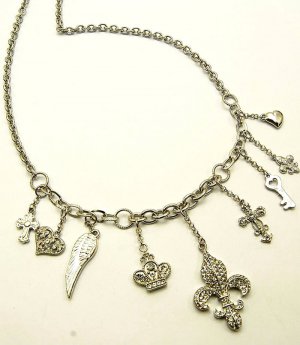 Clear Necklace Metal Casting Charm Long Necklace Fleur De Lis Crystal Stone Key He 12141428-437RDCLR