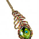 Multi Colored Necklace Pendant Long Necklace Metal Feather Enamel Peacock Print Cr 12141430-062BOMLT