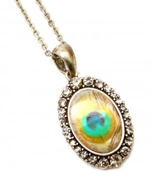Black Necklace Pendant Painted Peacock Print Crystal Studs 1 Inch Pendant 18 Inch  12141430-143SOBKA