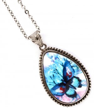 Blue Necklace Pendant Metal Casting Crystal Studs Butterfly Print Texture 1 1 2 In 12141430-361ASBLU