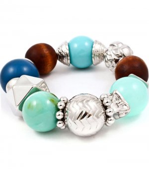 Multi Colored Bracelet Stretch Wood Bead Metal Casting Acrylic 20 Mm Width 1214228-206RDMLT