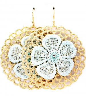 Teal Earring Fish Hook Threads Acrylic Stone Flower Filigree Rosette Texture 3 Inch 1214528-644MGTEL