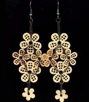 Gold Colored Earring Fish Hook Flower Filigree Texture 3 Inch Drop 1214528-718MGGOD