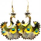 Yellow Earring Fish Hook Peacock Crystal Studs Enamel Peacock Print Texture 2 Inch  1214529-001BOYEW