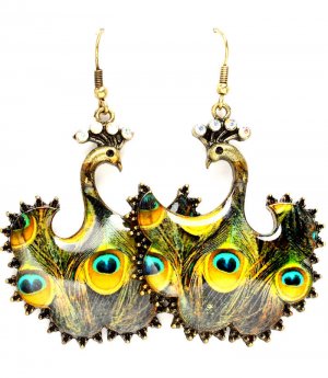 Yellow Earring Fish Hook Peacock Crystal Studs Enamel Peacock Print Texture 2 Inch  1214529-001BOYEW