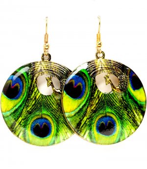 Green Earring Fish Hook Metal Casting Disk Peacock Peacock Print Texture 1 1 2 Inch 1214529-002AGGRN
