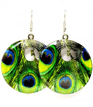 Green Earring Fish Hook Metal Casting Disk Peacock Peacock Print Texture 1 1 2 Inch 1214529-002ASGRN