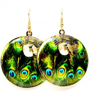 Green Earring Fish Hook Metal Casting Disk Peacock Peacock Print Texture 1 1 2 Inch 1214529-005AGGRN