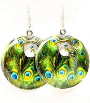 Green Earring Fish Hook Metal Casting Disk Peacock Peacock Print Texture 1 1 2 Inch 1214529-005ASGRN