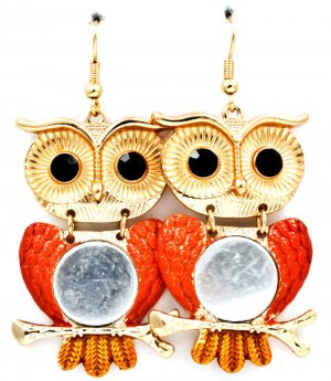Orange Earring Fish Hook Owl Glass Stone Texture 2 Inch Drop 1214529-747GDORG