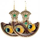 Green Earring Fish Hook Crystal Stud Filigree Peacock Print Enamel 2 1 4 Inch Drop 1214536-931AGGRN