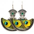 Green Earring Fish Hook Crystal Stud Filigree Peacock Print Enamel 2 1 4 Inch Drop 1214536-931SOGRN