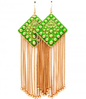 Green Earring Fish Hook Painted Tassel Diamond Shape Texture 3 Inch Tassel 5 Inch Dr 13135-1124GDGRN