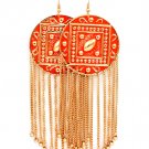 Coral Earring Fish Hook Metal Disc Tassel Texture Painted 3 Inch Tassel 5 Inch Drop 13135-1131GDCOL