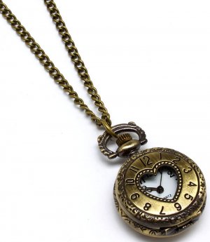 Gold Colored Necklace Charm Crystal Studs Pocket Watch Heart Antique 32 Inch Long 1 1391427-047BOGOD