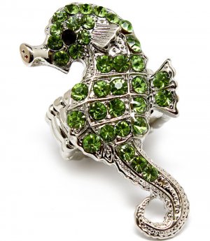 Green Ring Adjustable Stretch Crystal Stone Sea Horse Metal Casting 2 Inch Tall 1391827-061RDGRN