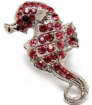 Pink Ring Adjustable Stretch Crystal Stone Sea Horse Metal Casting 2 Inch Tall 1391827-061RDPNK