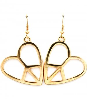 Gold Colored Earring Fish Hook Metal Casting Heart Peace Symbol 1 1 2 Inch Drop 139527-006GDGOD