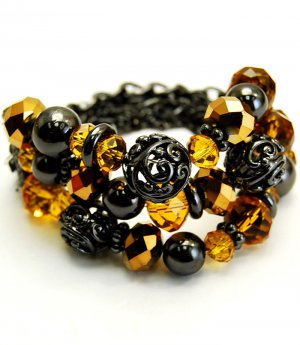 Brown Bracelet Stretch Glass Bead Metal Ball 142228-364BNBRO