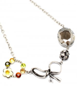 Black Necklace Crystal Stone Rhinestone Flower Bow Motif Navette Cut 16 Inch Long 15814-2918SOBKA