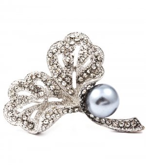 Gray Pendant And Brooch Metal Casting Pearl Crystal Studs Leaves Texture 2 Inch Wi 171316-30685RDGRY