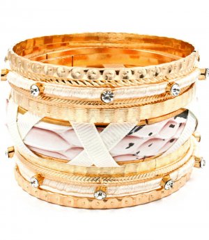 Cream Bracelet Bangle Stackable Faux Leather Crystal Studs Fabric Interlaced Metal  116112-2060GDCRM