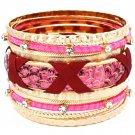 Fuschia Bracelet Bangle Stackable Faux Leather Crystal Studs Fabric Interlaced Meta 116112-2060GDFSH